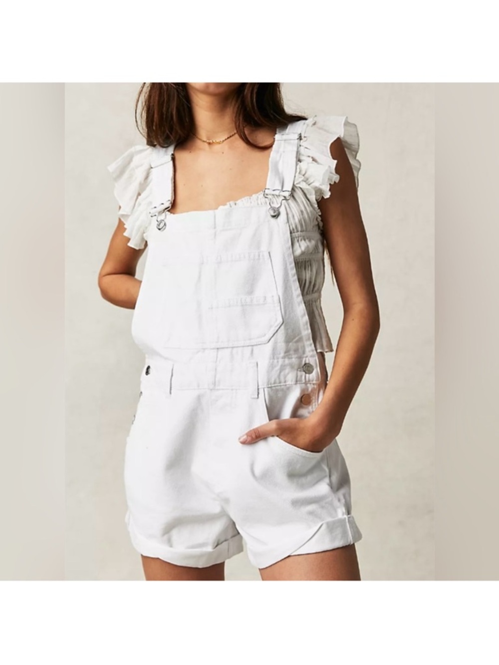 We The Free! White Denim Ziggy Shortalls SZ Medium {beach, resort, vacay, lake} - Picture 4 of 14